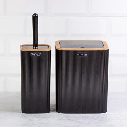 Home Çizgili 2'li Ahşap Desenli Banyo Aksesuar Seti - Siyah