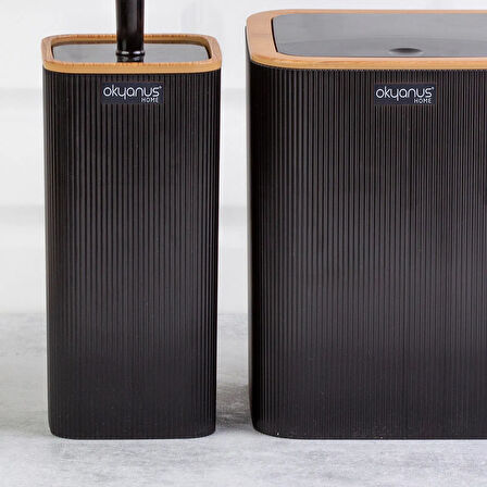 Home Çizgili 2'li Ahşap Desenli Banyo Aksesuar Seti - Siyah