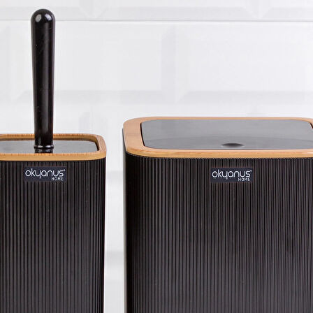 Home Çizgili 2'li Ahşap Desenli Banyo Aksesuar Seti - Siyah