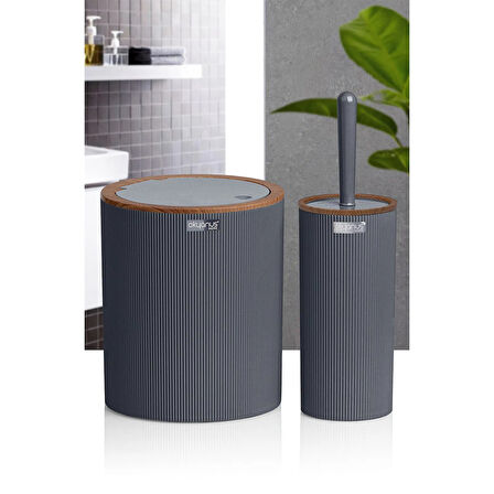 Home Ahşap Desenli Çizgili Yuvarlak 2'li Banyo Aksesuar Seti - Antrasit