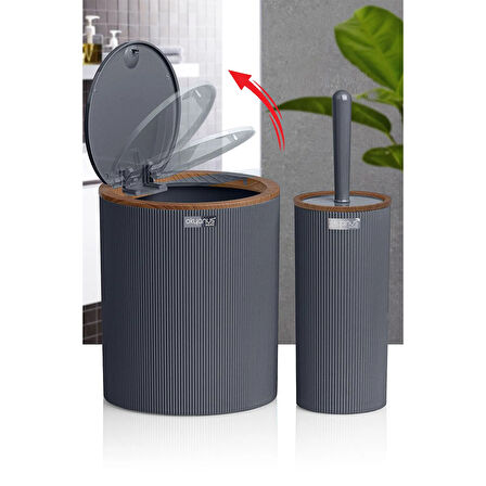 Home Ahşap Desenli Çizgili Yuvarlak 2'li Banyo Aksesuar Seti - Antrasit