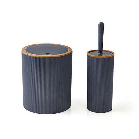 Home Ahşap Desenli Çizgili Yuvarlak 2'li Banyo Aksesuar Seti - Antrasit
