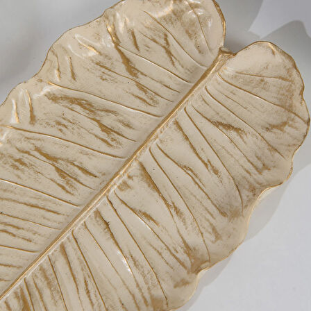 Deco Leaf Dekoratif Tabak - Beyaz / Gold - 37x16 cm