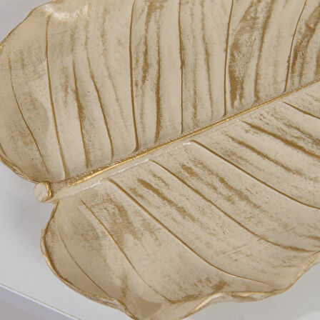 Deco Leaf Dekoratif Tabak - Beyaz / Gold - 24x16 cm