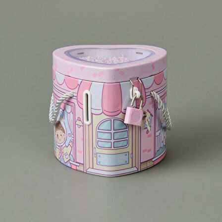 Kalp Kilitli Metal Kumbara - Asorti - 12x14 cm