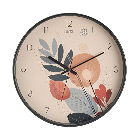 Yapraklar Camlı Duvar Saati - Renkli - 30 cm