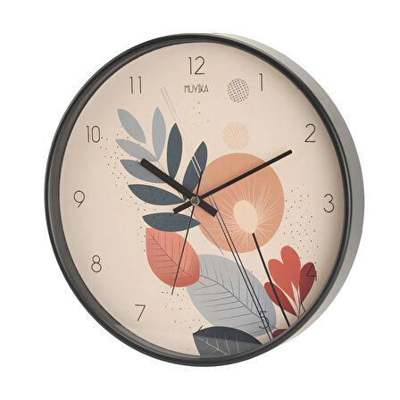 Yapraklar Camlı Duvar Saati - Renkli - 30 cm