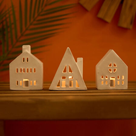 Deco 3'lü Ev Şekilli Mumluk Seti - Beyaz - 19 cm