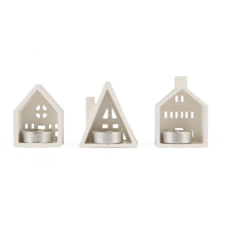 Deco 3'lü Ev Şekilli Mumluk Seti - Beyaz - 19 cm