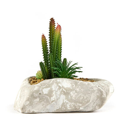Beton Asimetrik Saksılı Yapay Kaktüs - Gri - 16x6x19 cm