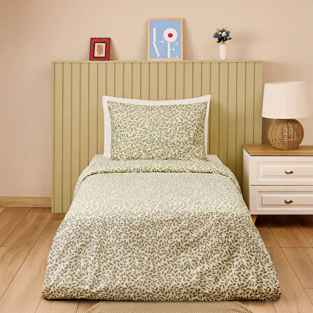 Soft Sylvara Tek Kişilik Nevresim Takımı - Ekru / Yeşil