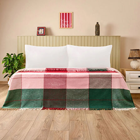 Soft Vintera Pamuklu Çift Kişilik Battaniye - Kırmızı / Yeşil - 180x220 cm