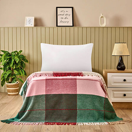 Soft Vintera Pamuklu Tek Kişilik Battaniye - Kırmızı / Yeşil - 150x200 cm