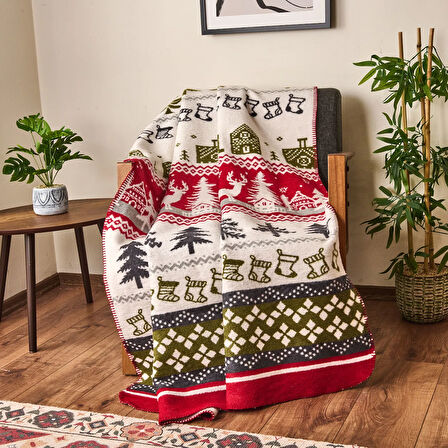 Soft Nordic Pamuklu Tv Battaniyesi - Kırmızı / Yeşil - 130x170 cm