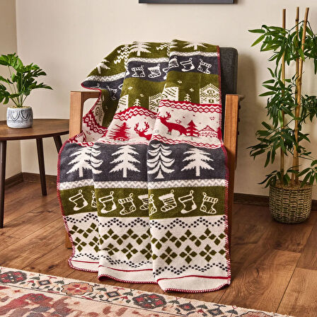 Soft Nordic Pamuklu Tv Battaniyesi - Kırmızı / Yeşil - 130x170 cm