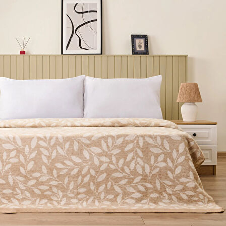 Soft Sprig Pamuklu Çift Kişilik Battaniye - Bej - 200x220 cm
