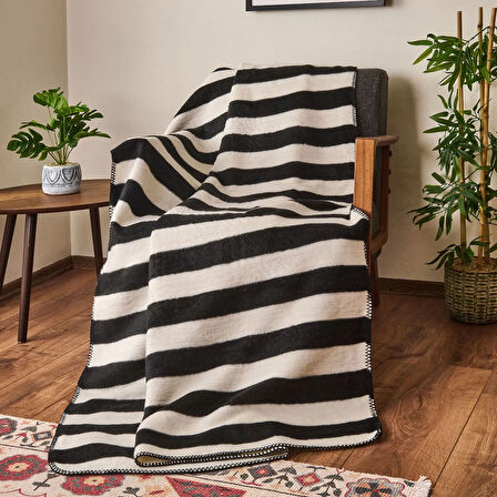 Soft Çizgili Pamuklu Tv Battaniyesi - Siyah / Beyaz - 130x170 cm