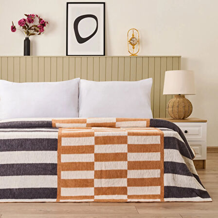 Soft Lemi Pamuklu Çift Kişilik Battaniye - Hardal / Antrasit - 200x220 cm