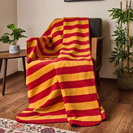 Soft Çizgili Pamuklu Tv Battaniyesi - Sarı / Kırmızı - 130x170 cm