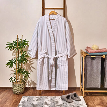 Soft Kimono Çizgili Erkek Bornoz - Beyaz / Mavi - S / M