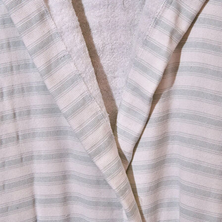 Soft Kapüşonlu Çizgili Erkek Bornoz - Beyaz / Mavi - L / XL