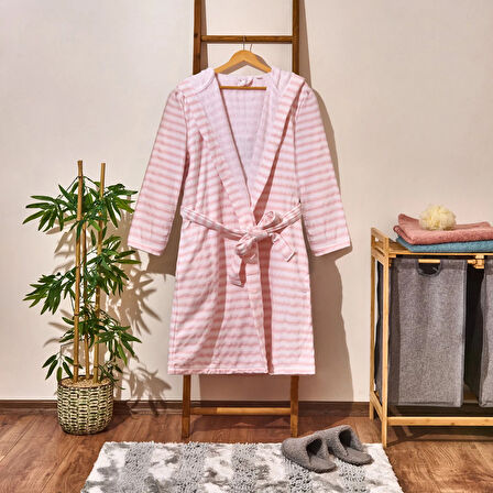 Soft Kapüşonlu Çizgili Kadın Bornoz - Beyaz / Pembe - L / XL