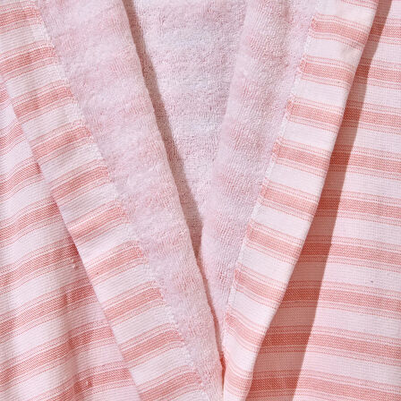 Soft Kapüşonlu Çizgili Kadın Bornoz - Beyaz / Pembe - L / XL