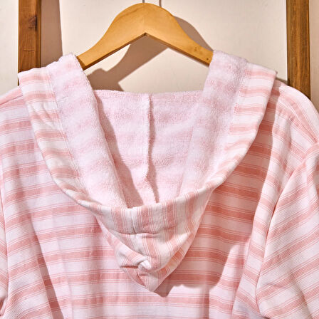 Soft Kapüşonlu Çizgili Kadın Bornoz - Beyaz / Pembe - L / XL