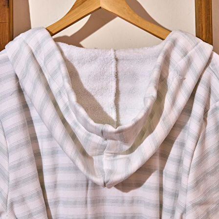 Soft Kapüşonlu Çizgili Erkek Bornoz - Beyaz / Mavi - S / M