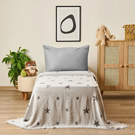 Soft Star Çift Taraflı Çocuk Pikesi - Gri - 160x220 cm
