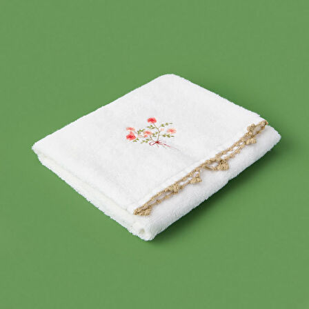 Soft Granny Summer Çiçek Nakışlı Yüz Havlusu - Ekru - 50x90 cm