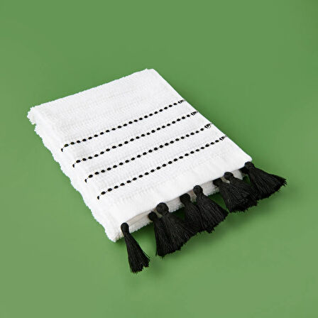 Soft Püsküllü El Havlusu - Beyaz / Siyah - 30x50 cm