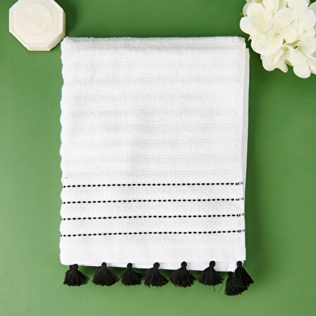 Soft Püsküllü Yüz Havlusu - Beyaz / Siyah - 50x90 cm