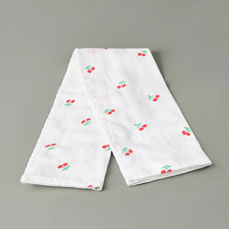 Soft Müslin Kiraz Desenli Kurulama Bezi - Beyaz - 40x60 cm