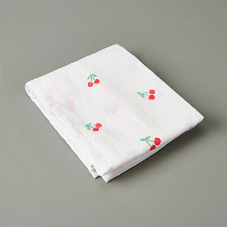 Soft Müslin Kiraz Desenli Kurulama Bezi - Beyaz - 40x60 cm