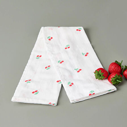 Soft Müslin Kiraz Desenli Kurulama Bezi - Beyaz - 40x60 cm