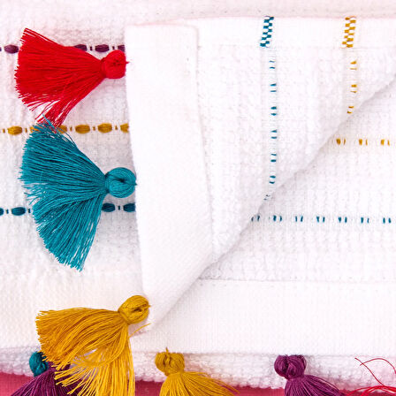 Soft Püsküllü Yüz Havlusu - Beyaz / Renkli - 50x90 cm