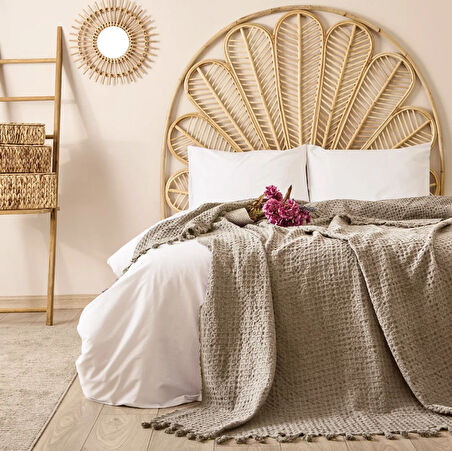 Yün Waffle Çift Kişilik Yatak Örtüsü - Bej - 200x220 cm