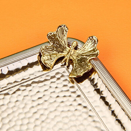 Kelebekli Kare Sunum Tepsisi - Gümüş - 23 cm