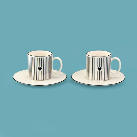 Kitchen Bold Heart Çizgili 2'li Porselen Kahve Fincanı - Siyah / Beyaz - 100 ml