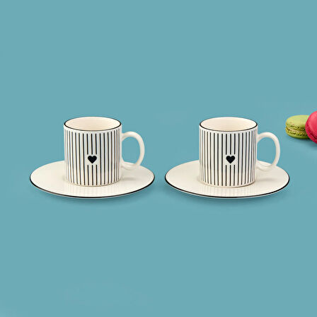 Kitchen Bold Heart Çizgili 2'li Porselen Kahve Fincanı - Siyah / Beyaz - 100 ml