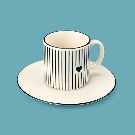 Kitchen Bold Heart Çizgili 2'li Porselen Kahve Fincanı - Siyah / Beyaz - 100 ml