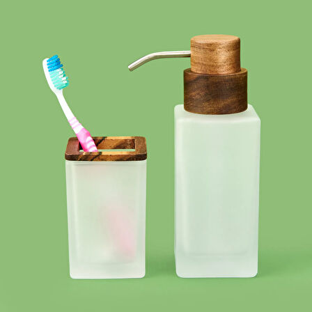 Bath Ahşap Detaylı 2'li Banyo Sıvı Sabunluk Seti - Beyaz / Kahverengi