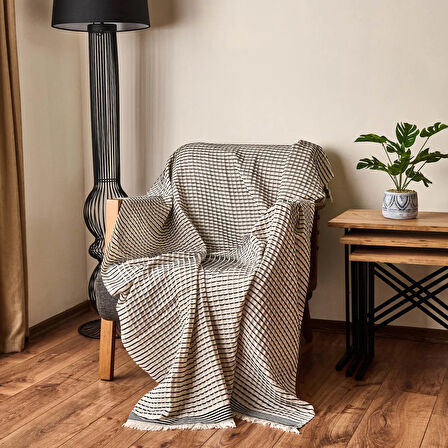 Soft Waffle Koltuk Şalı - Ekru / Siyah - 120x170 cm