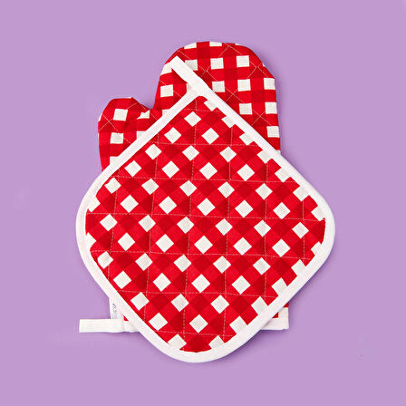 Soft Nemo Fırın Eldiveni ve Tutaç - Ekru / Kırmızı - 17x28 cm + 20x20 cm