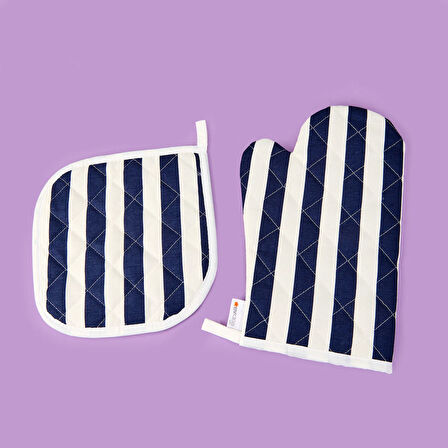 Soft Nemo Fırın Eldiveni ve Tutaç - Ekru / Lacivert - 17x28 cm + 20x20 cm