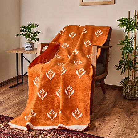 Soft Elias Pamuklu Tv Battaniyesi - Ekru / Turuncu - 130x170 cm