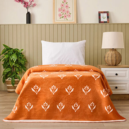 Soft Elias Pamuklu Tek Kişilik Battaniye - Ekru / Turuncu - 150x200 cm