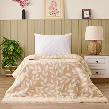 Soft Sprig Pamuklu Tek Kişilik Battaniye - Bej - 150x200 cm