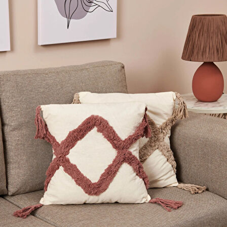 Motif Makrome Handmade Kırlent - Gülkurusu / Ekru - 42x42 cm